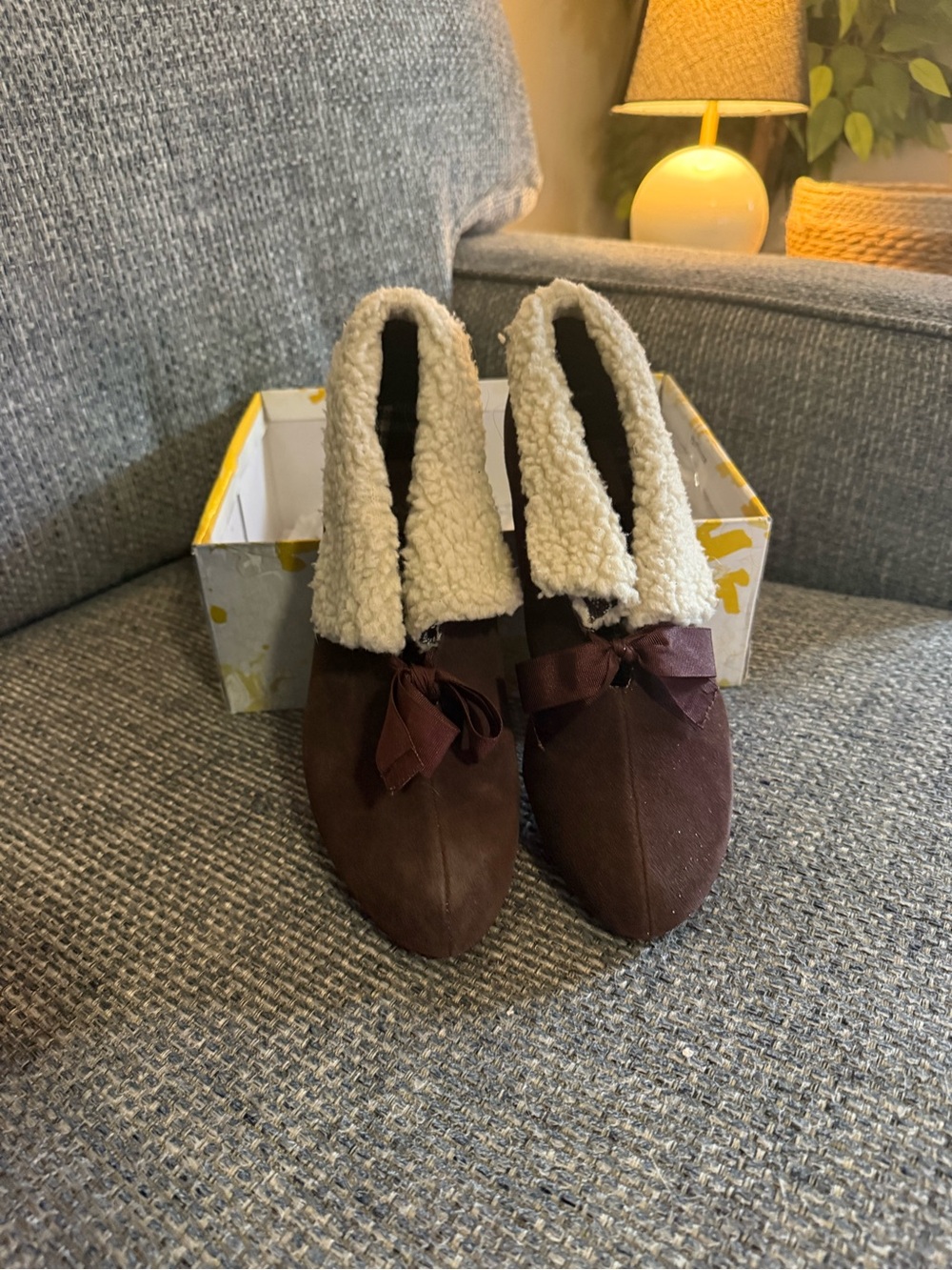 Yellow Box Brown Slip-On Sherpa-Lined heels with Bow